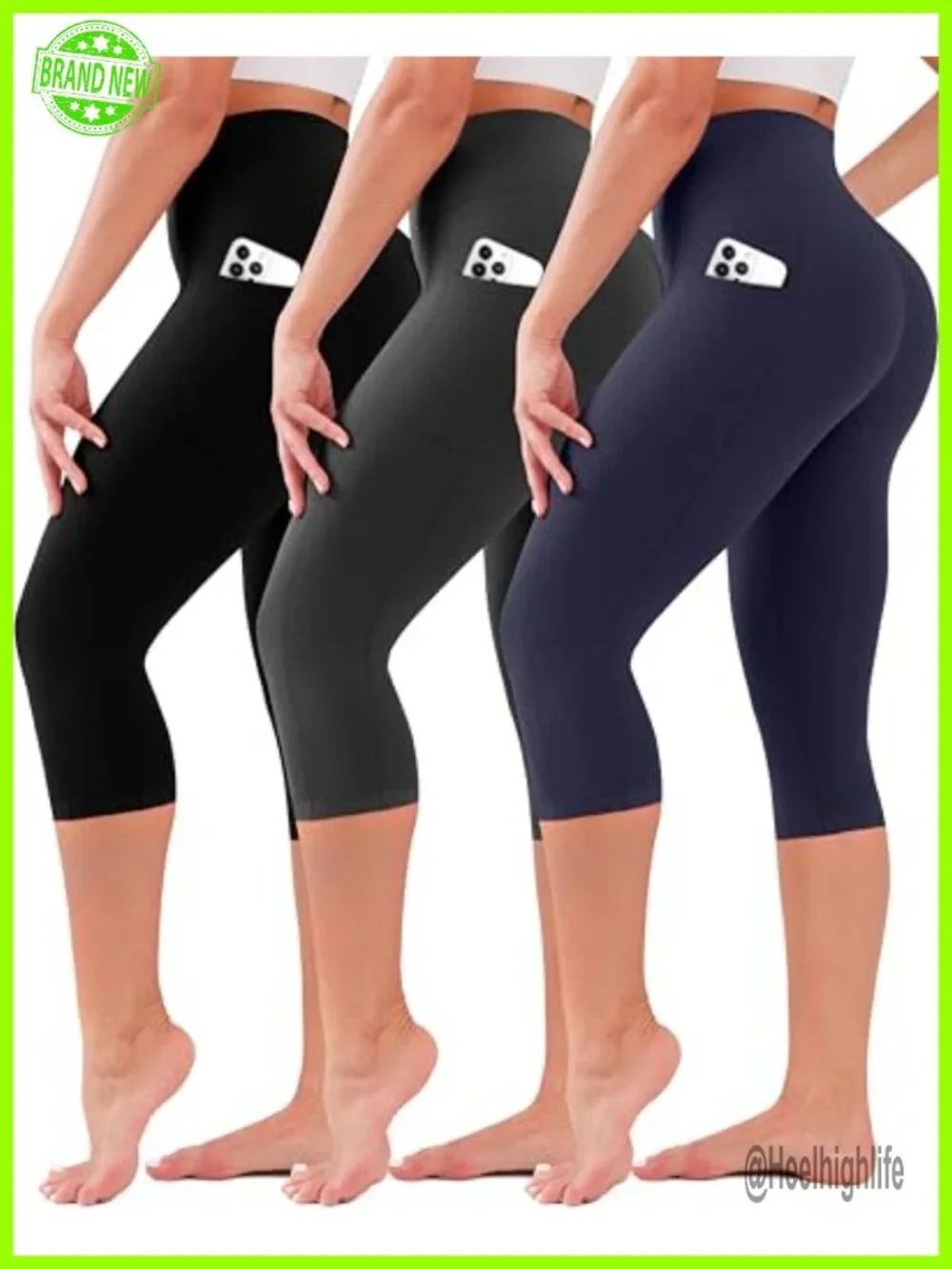 3 Pack High Waisted Tummy Control Capri Leggings with Pockets for Women